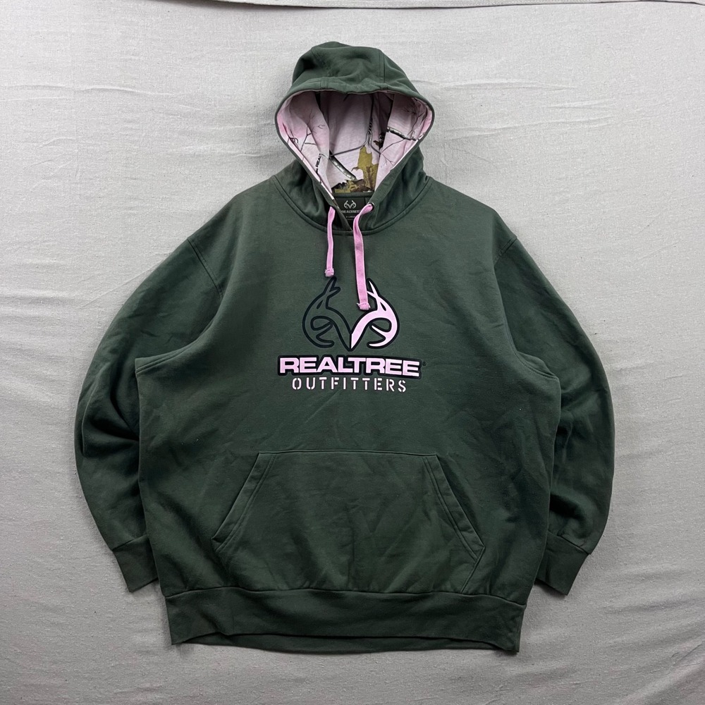 Realtree Outfitters Hoodie Mens XL Green Pink Camo Lined Embroidered Pullover